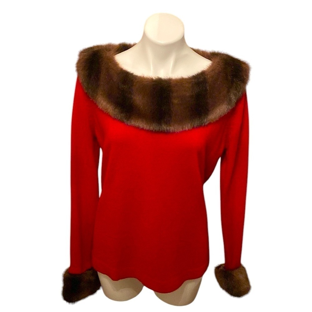 Goodclothes Red Faux Fur Trimmed Long Sleeve Blouse Casual Office Size Medium